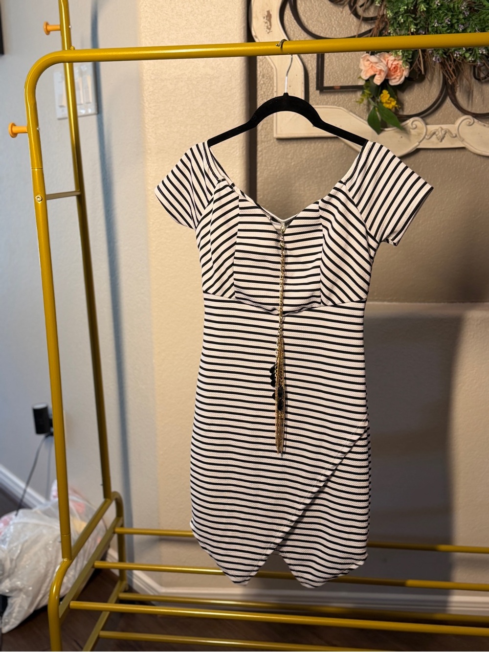 Papaya Black and White Striped Off-Shoulder Mini Dress